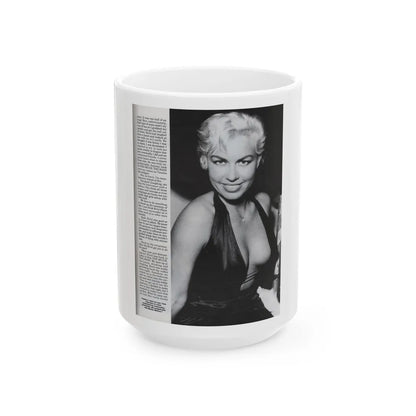 Jeanne Carmen #126 - Pages 12 of 14 with, 1 Large B&W Photo as a blonde & Article from Femme Fatales Mag. Oct. '95 (Vintage Female Icon) White Coffee Mug-15oz-Go Mug Yourself