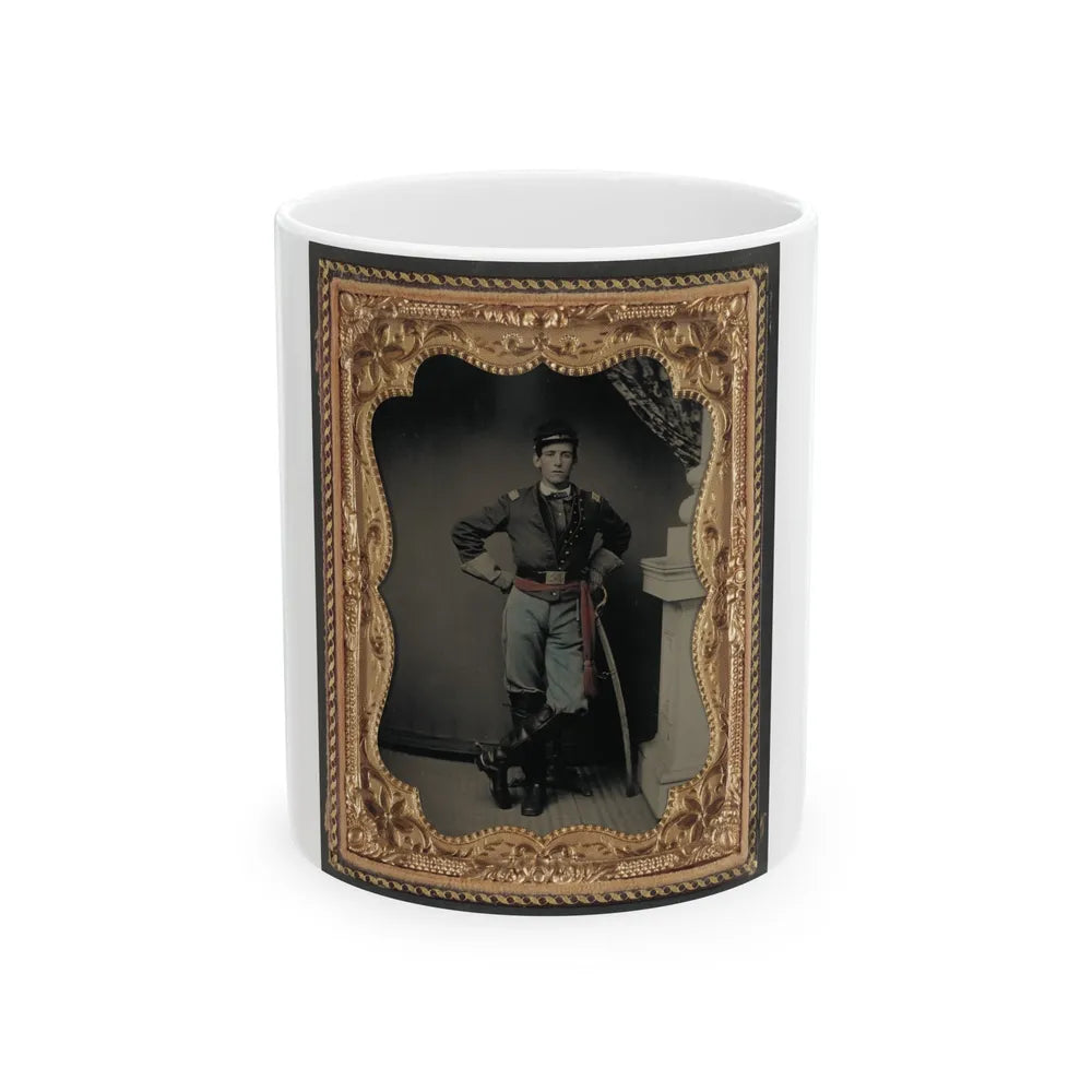 Unidentified Soldier In First Lieutenant's Uniform, Red Sash, Leather Gauntlets, And Spurs With Cavalry Sword (U.S. Civil War) White Coffee Mug-11oz-Go Mug Yourself