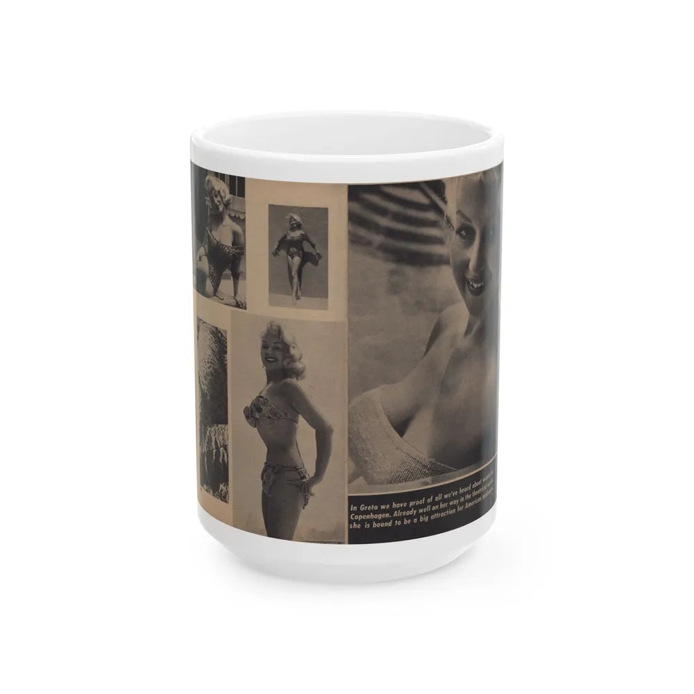 Greta Thyssen #159 - Pages 4 & 5 of 5 with, 5 B&W Photos & Caption from Xcitement Digest Mag. June '57 (Vintage Female Icon) White Coffee Mug-15oz-Go Mug Yourself