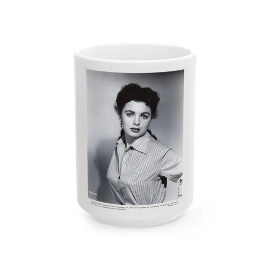 Faith Domergue #121 - Vintage B&W Upper Body Promo Photo from 1953 for a U-I Film as 7.5x9.5 1 (Vintage Female Icon) White Coffee Mug 15oz - Go Mug Yourself
