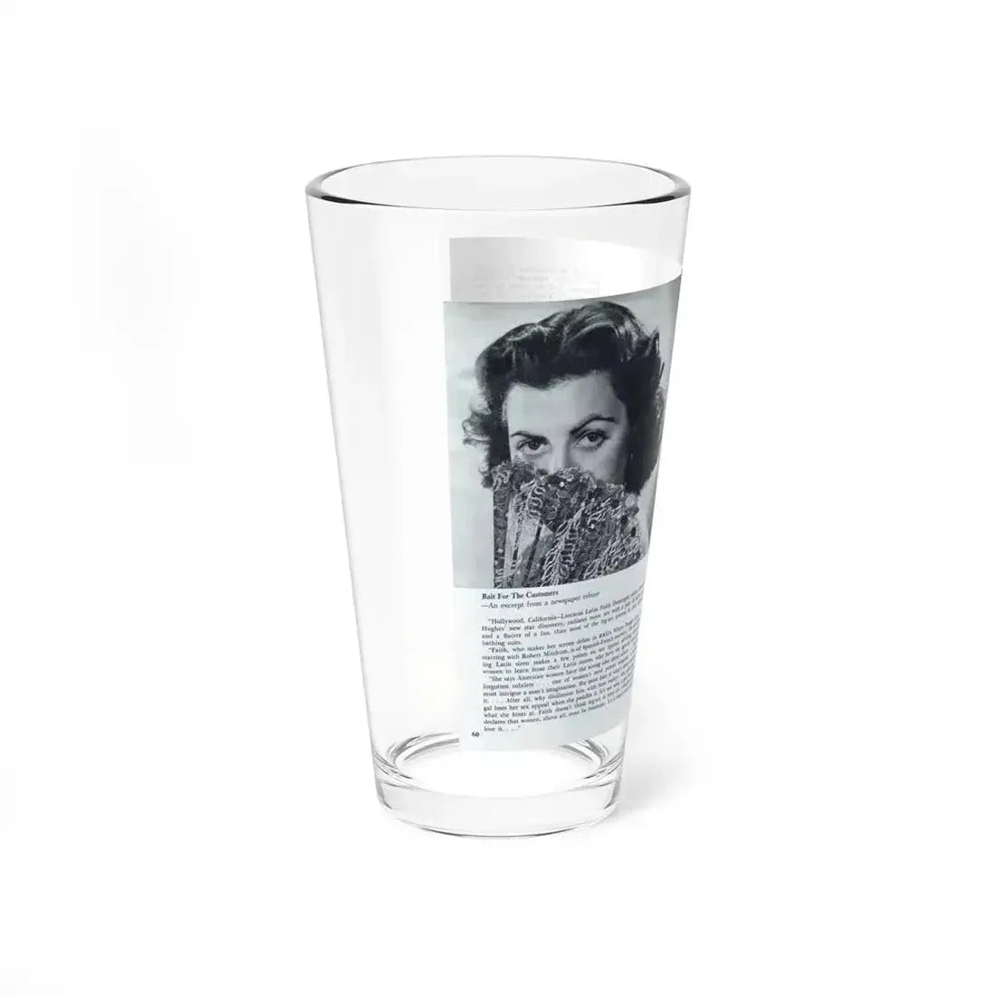 Faith Domergue #228 - Pages 60 & 61 Pages 3 & 4 of 14+1 B&W Photo & Long Article on her from Pageant Digest Mag. April '51 (Vintage Female Icon) Pint Glass 16oz - Go Mug Yourself