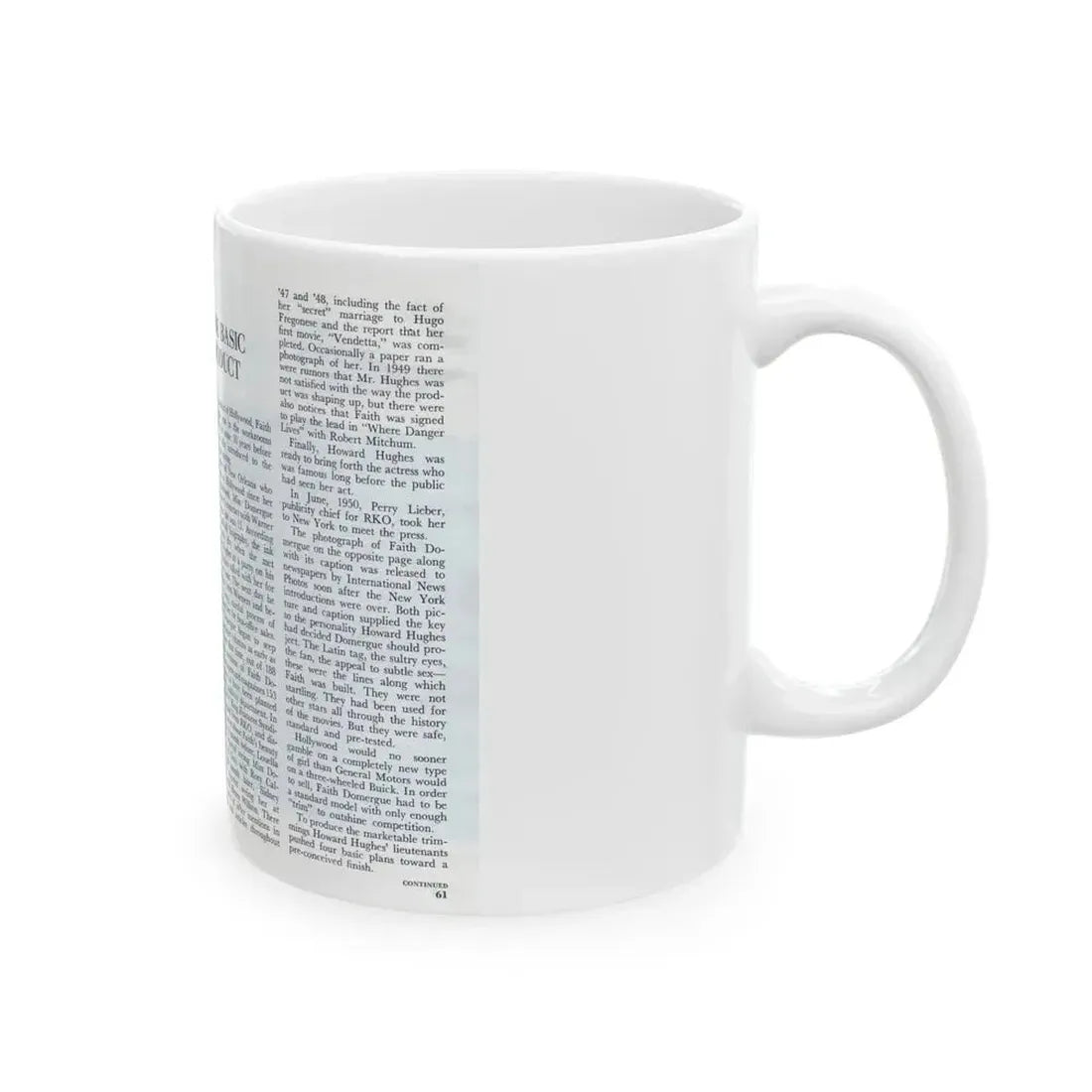 Faith Domergue #228 - [Pages 60 & 61] Pages 3 & 4 of 14+1 B&W Photo & Long Article on her from Pageant Digest Mag. April '51 (Vintage Female Icon) White Coffee Mug - Go Mug Yourself