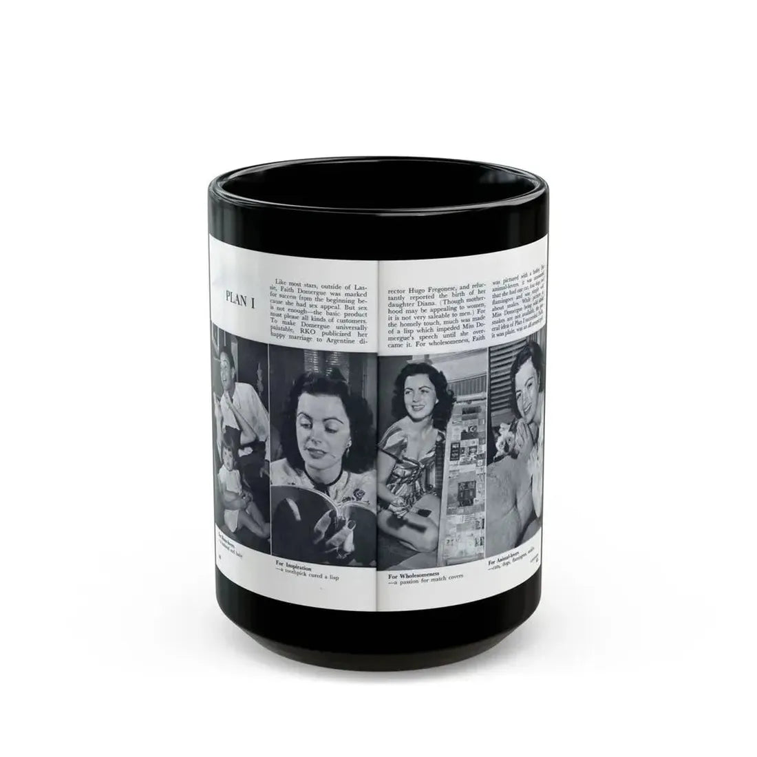 Faith Domergue #229 - [Pages 62 & 63] Pages 5 & 6 of 14+4 B&W Photos & Long Article on her from Pageant Digest Mag. April '51 (Vintage Female Icon) Black Coffee Mug 15oz - Go Mug Yourself