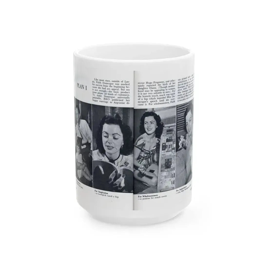 Faith Domergue #229 - [Pages 62 & 63] Pages 5 & 6 of 14+4 B&W Photos & Long Article on her from Pageant Digest Mag. April '51 (Vintage Female Icon) White Coffee Mug 15oz - Go Mug Yourself