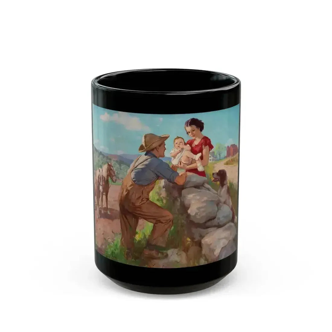 Family on the Farm, calendar illustration - Black Coffee Mug 15oz - Go Mug Yourself
