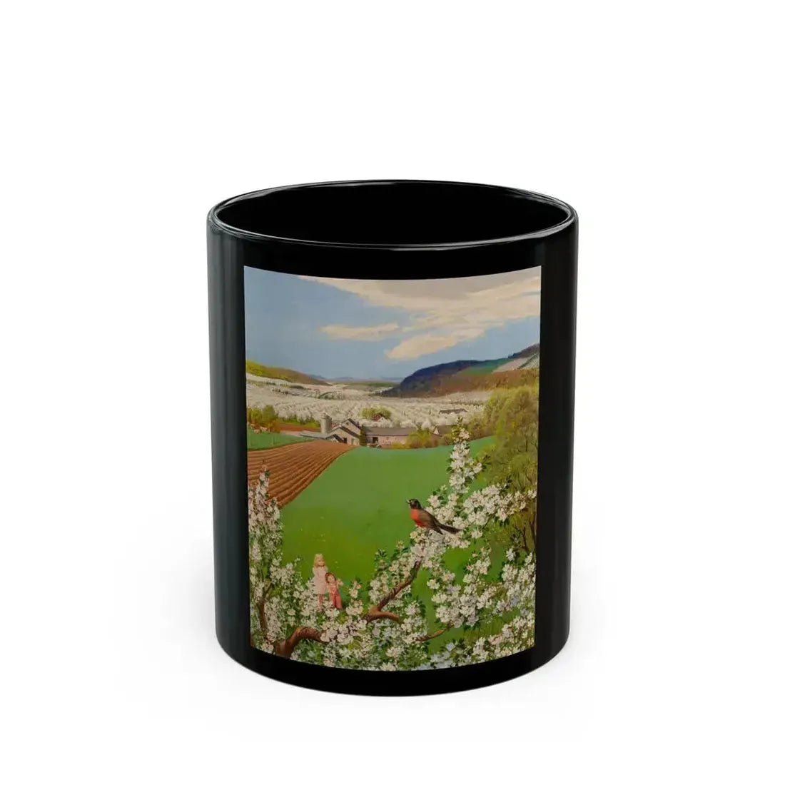 Farm Children Seeing the First Robin of Spring, The Saturday Evening Post cover, May 7, 1955 - Black Coffee Mug 11oz - Go Mug Yourself