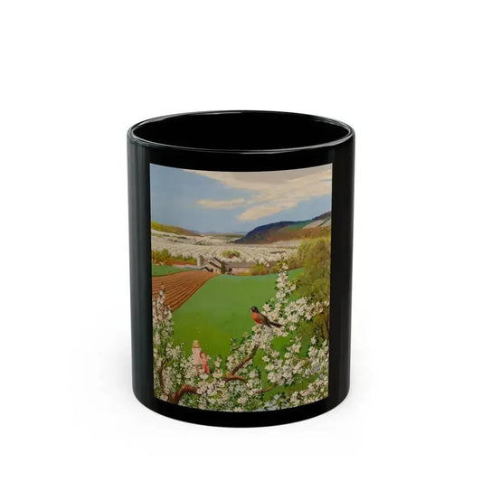 Farm Children Seeing the First Robin of Spring, The Saturday Evening Post cover, May 7, 1955 - Black Coffee Mug 11oz - Go Mug Yourself