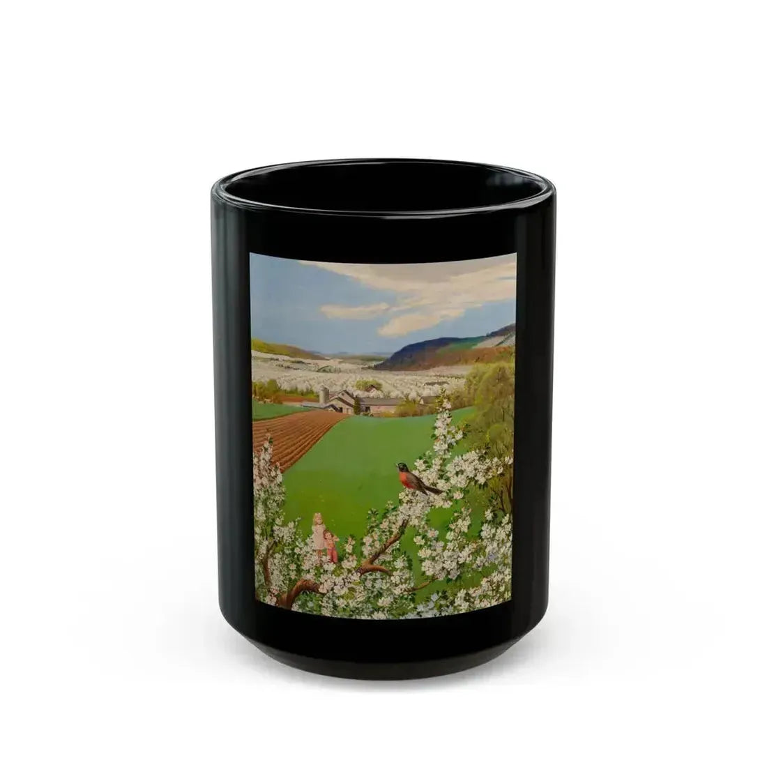 Farm Children Seeing the First Robin of Spring, The Saturday Evening Post cover, May 7, 1955 - Black Coffee Mug 15oz - Go Mug Yourself