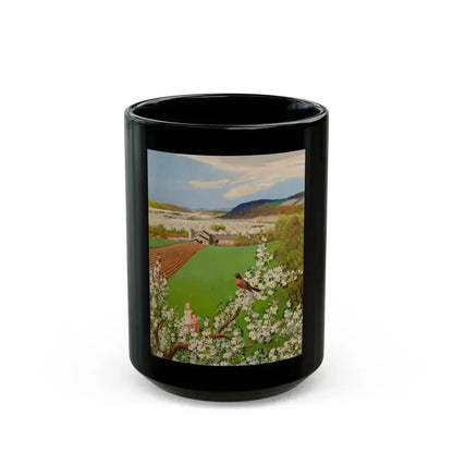 Farm Children Seeing the First Robin of Spring, The Saturday Evening Post cover, May 7, 1955 - Black Coffee Mug 15oz - Go Mug Yourself