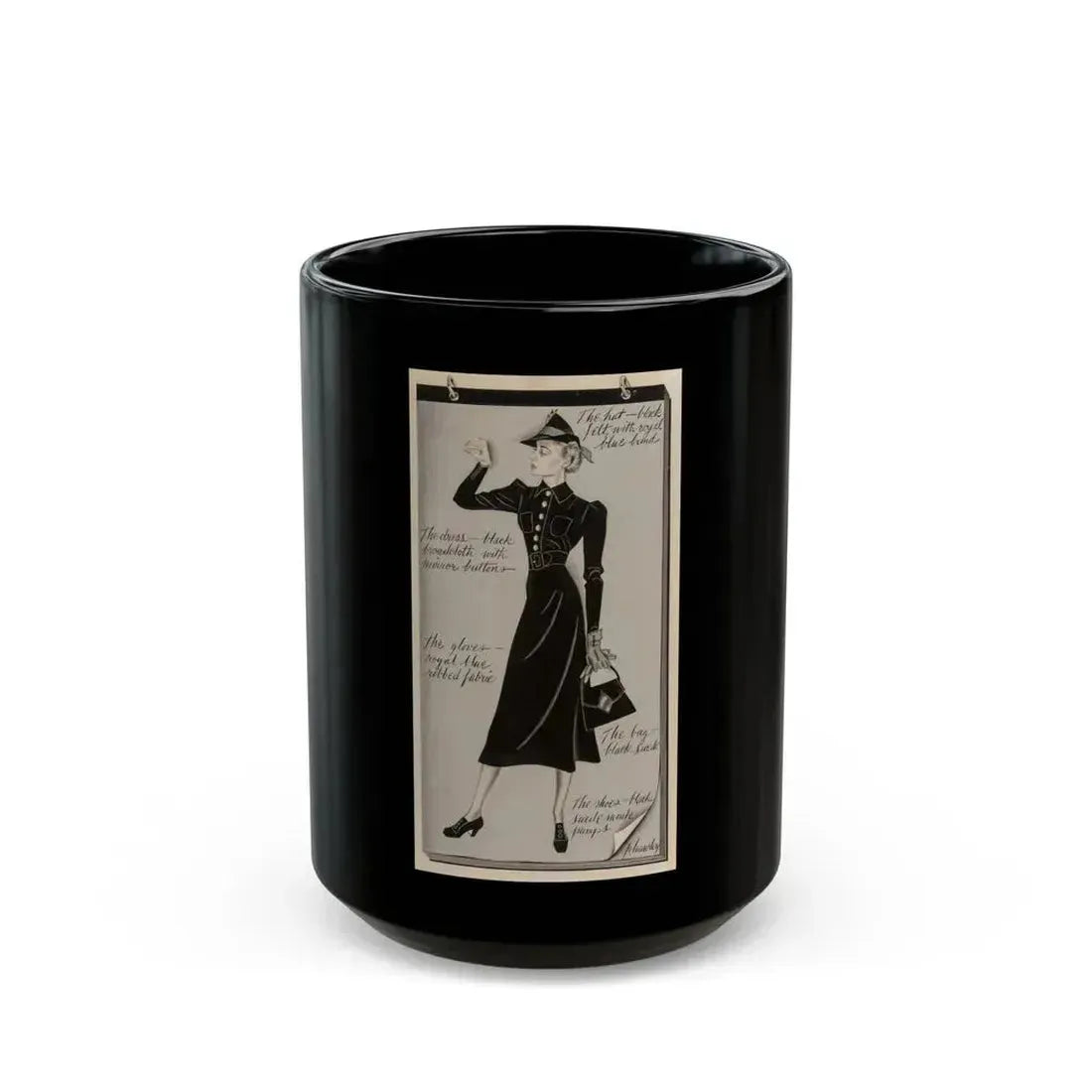 Fashion Illustration, circa 1945 - Black Coffee Mug 15oz - Go Mug Yourself