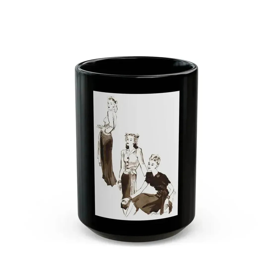 Fashion illustration from The Tatler and Bystander magazine, 1943 - Black Coffee Mug 15oz - Go Mug Yourself
