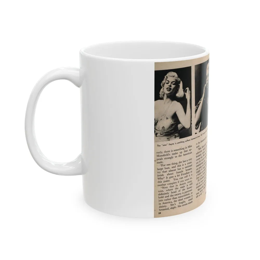 Jayne Mansfield #178 - 2 Pages, 3 B&W Photos, Captions & Article from Foto-rama Digest Mag. May '58 (Vintage Female Icon) White Coffee Mug-Go Mug Yourself