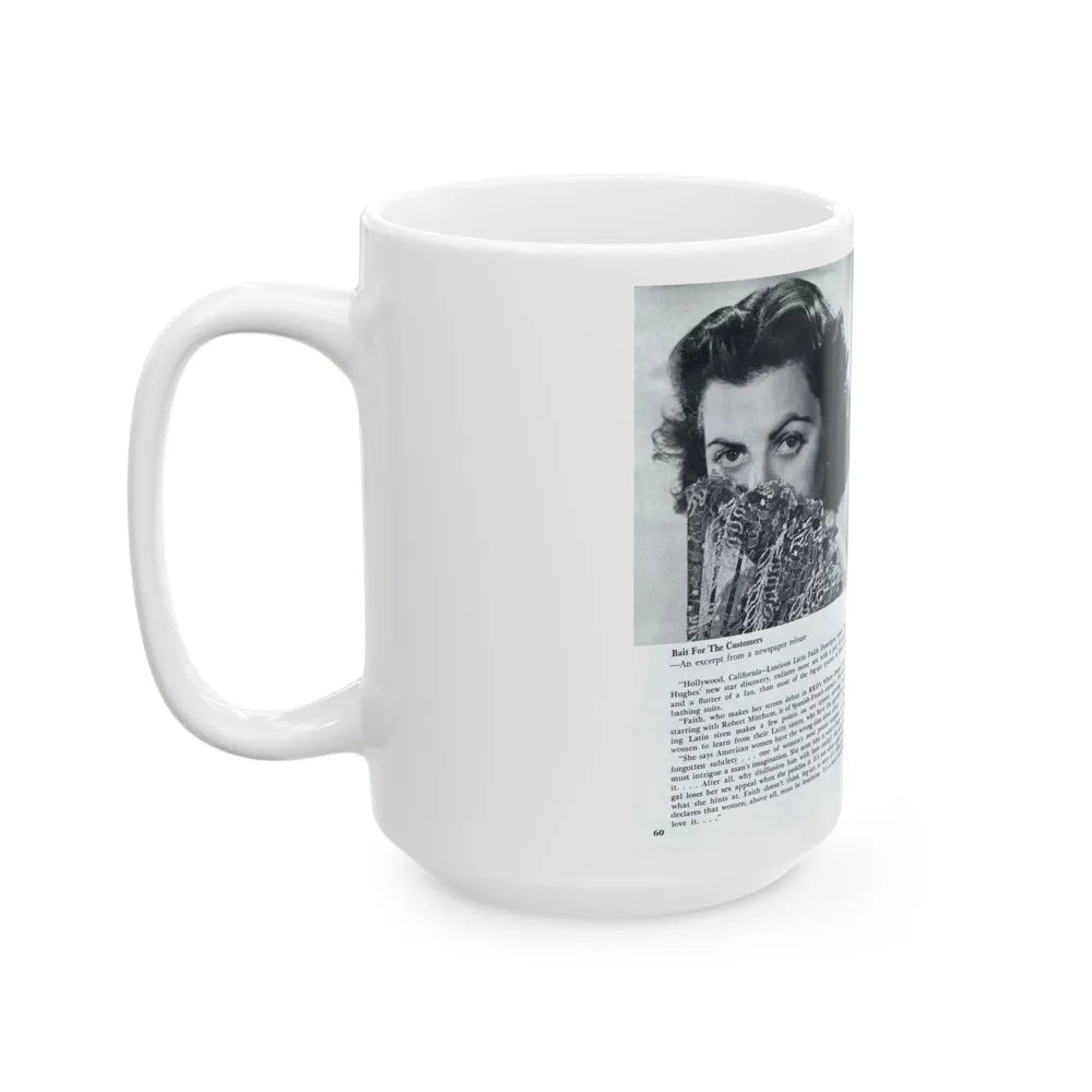 Faith Domergue #228 - [Pages 60 & 61] Pages 3 & 4 of 14+1 B&W Photo & Long Article on her from Pageant Digest Mag. April '51 (Vintage Female Icon) White Coffee Mug-Go Mug Yourself