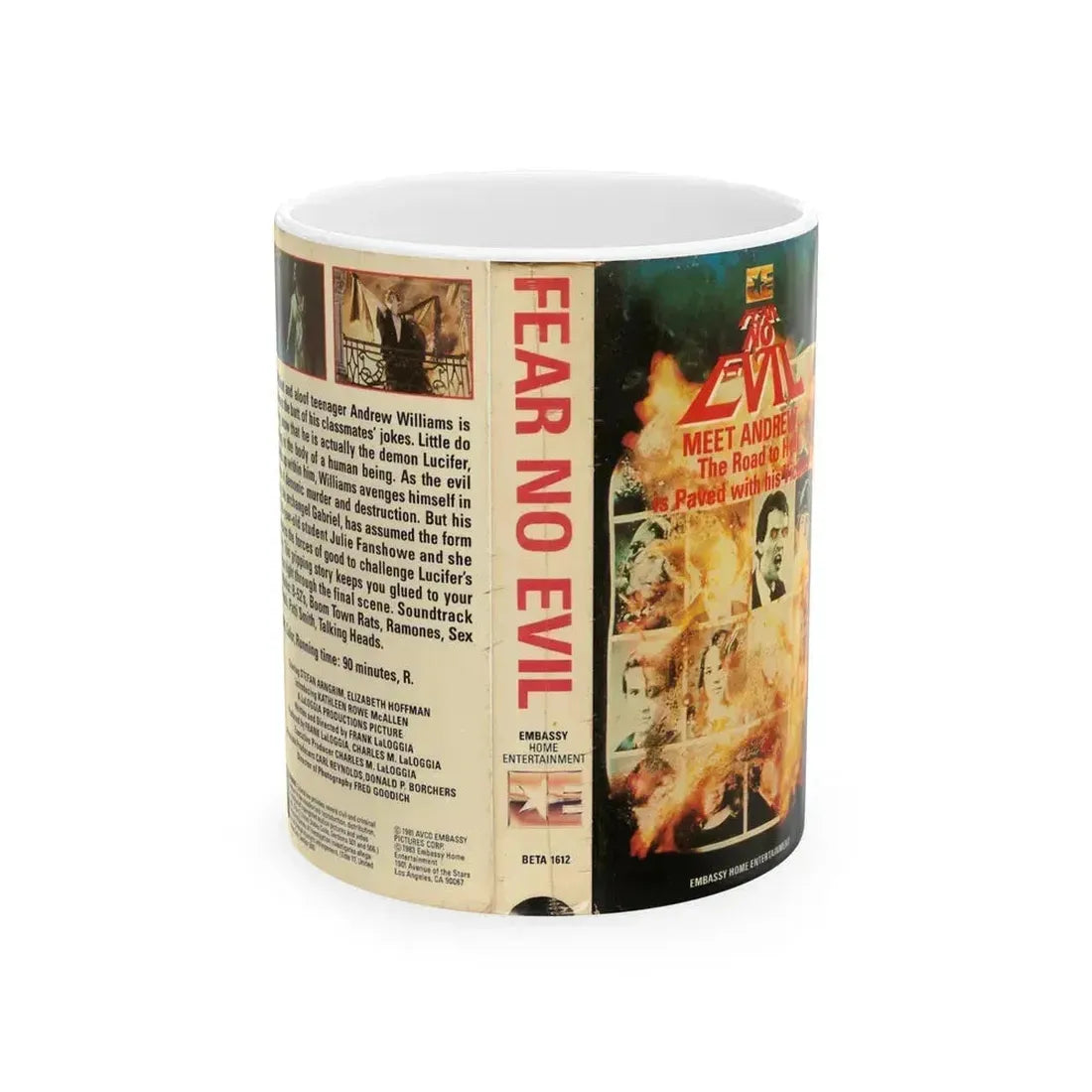 FEAR NO EVIL EMBASSY HOME ENTERTAINMENT (VHS COVER) - White Coffee Mug 11oz - Go Mug Yourself
