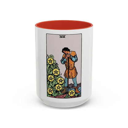 The 7 of Pentacles (Tarot Card) Accent Coffee Mug-15oz-Red-Go Mug Yourself