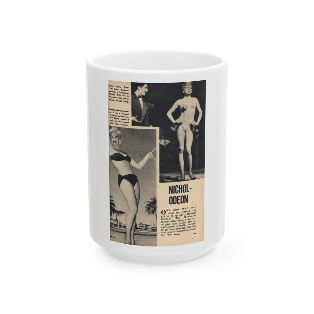 Barbara Nichols #431 - Barb on Page 93 with 1, Caption 2 B&W Pics & 1 Brief Article from TAB Digest Mag. May '53 (Vintage Female Icon) White Coffee Mug-15oz-Go Mug Yourself