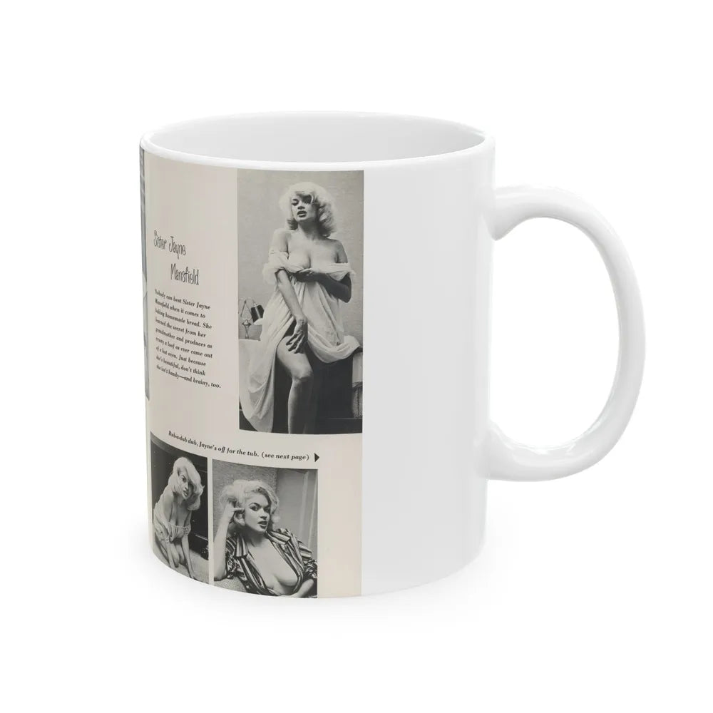 Jayne Mansfield #313 - Pages 1 & 2 of 4 with, 5 B&W Photos, Captions & Article from SCAMP Magazine May '57 (Vintage Female Icon) White Coffee Mug-Go Mug Yourself