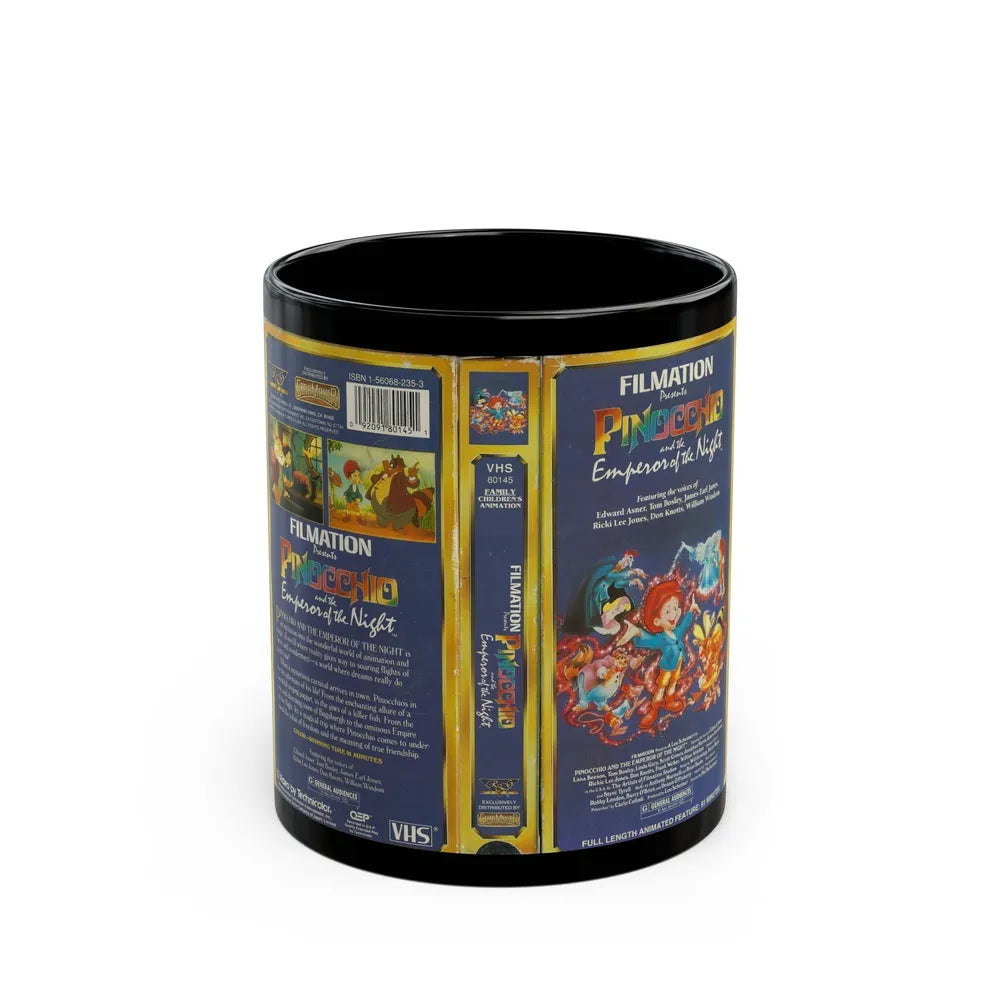 FILMATION PRESENTS PINOCCHIO AND THE EMPEROR OF THE NIGHT (VHS COVER) - Black Coffee Mug-11oz-Go Mug Yourself