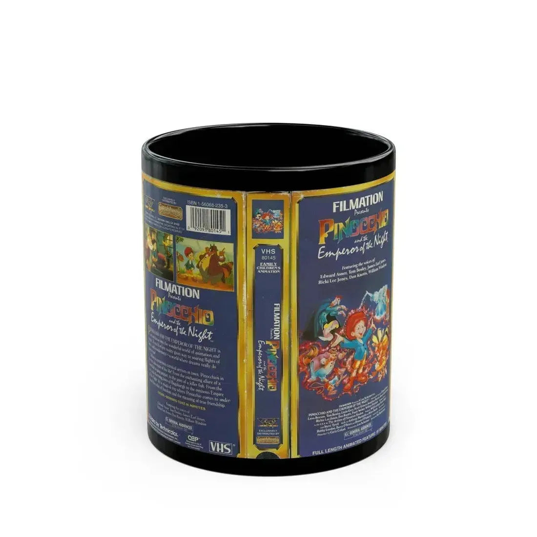 FILMATION PRESENTS PINOCCHIO AND THE EMPEROR OF THE NIGHT (VHS COVER) - Black Coffee Mug 11oz - Go Mug Yourself