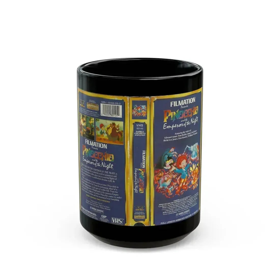 FILMATION PRESENTS PINOCCHIO AND THE EMPEROR OF THE NIGHT (VHS COVER) - Black Coffee Mug 15oz - Go Mug Yourself