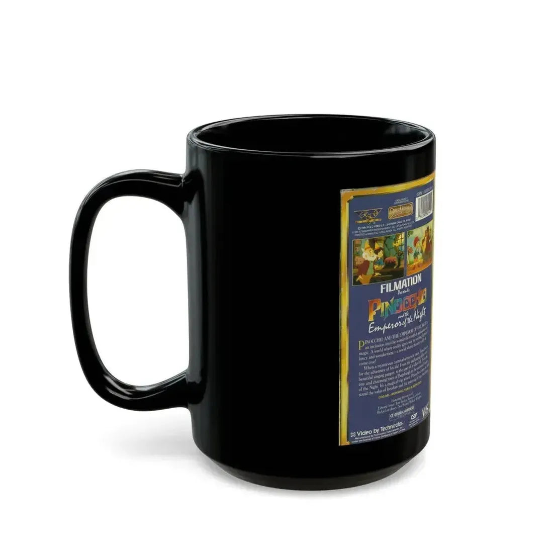 FILMATION PRESENTS PINOCCHIO AND THE EMPEROR OF THE NIGHT (VHS COVER) - Black Coffee Mug - Go Mug Yourself