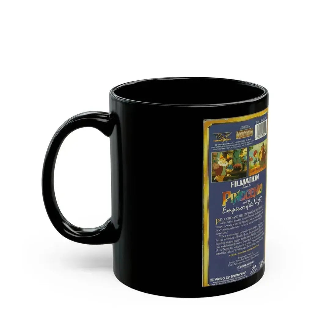 FILMATION PRESENTS PINOCCHIO AND THE EMPEROR OF THE NIGHT (VHS COVER) - Black Coffee Mug - Go Mug Yourself