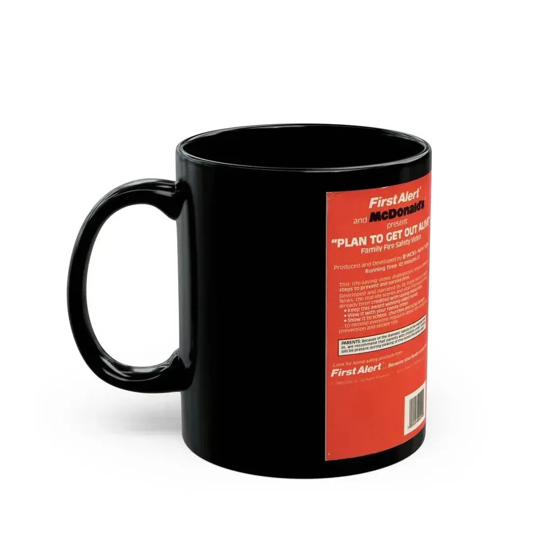 FIRST ALERT AND MCDONALDS PRESENT PLAN TO GET OUT ALIVE FAMILY FIRE SAFETY VIDEO (VHS COVER) - Black Coffee Mug - Go Mug Yourself