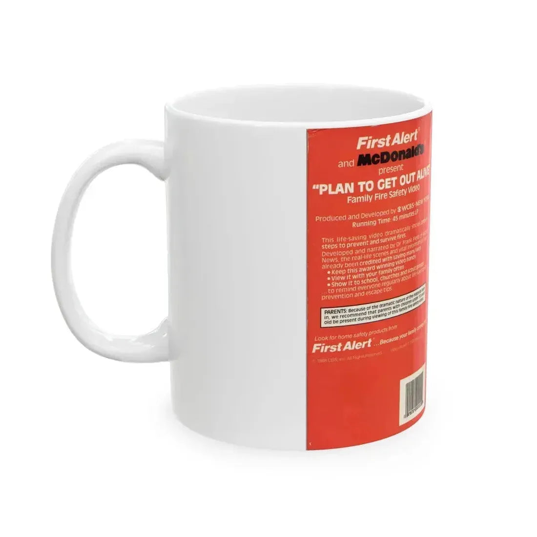 FIRST ALERT AND MCDONALDS PRESENT PLAN TO GET OUT ALIVE FAMILY FIRE SAFETY VIDEO (VHS COVER) - White Coffee Mug - Go Mug Yourself