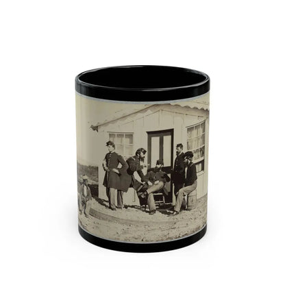 Five Civil War Soldiers Gathered On Dirt Porch Outside Home. African American Youth Seated Near Them (U.S. Civil War) Black Coffee Mug 11oz - Go Mug Yourself