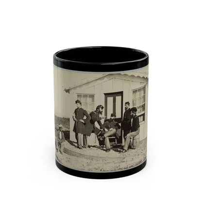 Five Civil War Soldiers Gathered On Dirt Porch Outside Home. African American Youth Seated Near Them (U.S. Civil War) Black Coffee Mug 11oz - Go Mug Yourself