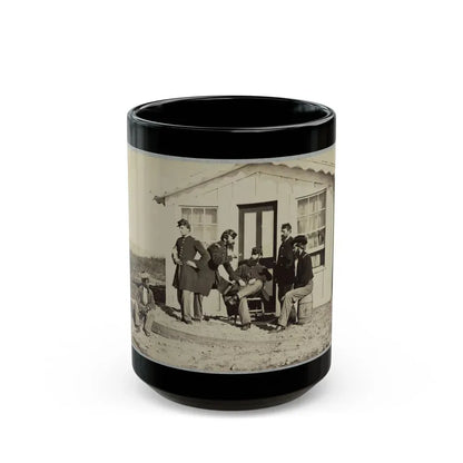 Five Civil War Soldiers Gathered On Dirt Porch Outside Home. African American Youth Seated Near Them (U.S. Civil War) Black Coffee Mug 15oz - Go Mug Yourself