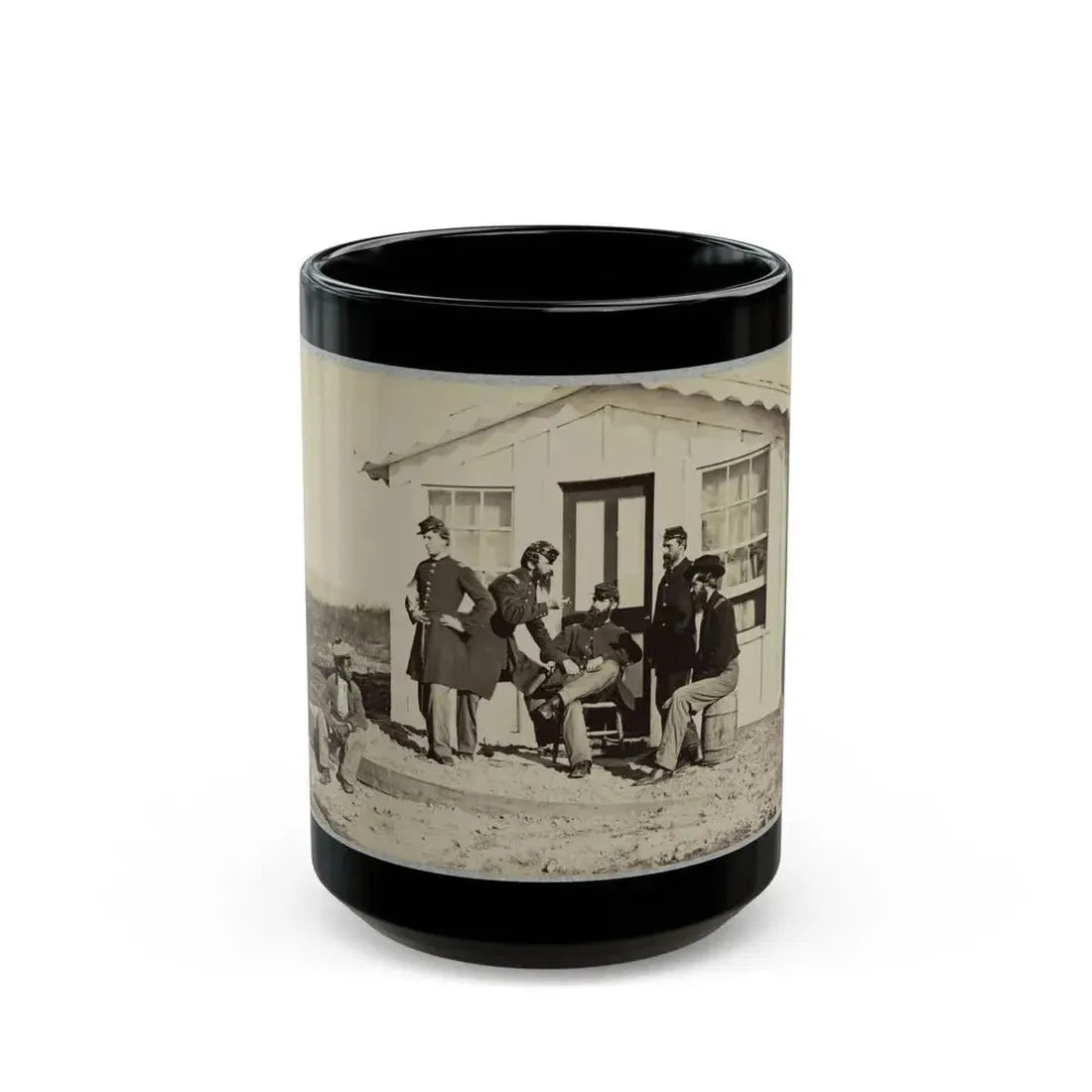 Five Civil War Soldiers Gathered On Dirt Porch Outside Home. African American Youth Seated Near Them (U.S. Civil War) Black Coffee Mug 15oz - Go Mug Yourself