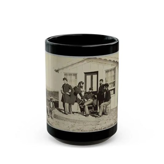 Five Civil War Soldiers Gathered On Dirt Porch Outside Home. African American Youth Seated Near Them (U.S. Civil War) Black Coffee Mug 15oz - Go Mug Yourself