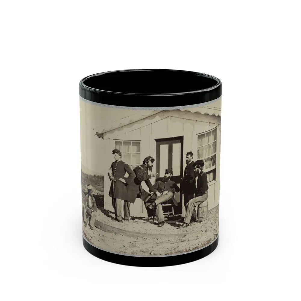 Five Civil War Soldiers Gathered On Dirt Porch Outside Home. African American Youth Seated Near Them (U.S. Civil War) Black Coffee Mug-11oz-Go Mug Yourself