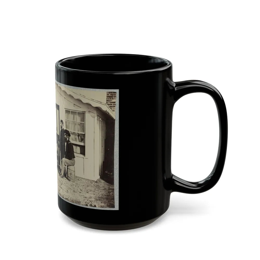 Five Civil War Soldiers Gathered On Dirt Porch Outside Home. African American Youth Seated Near Them (U.S. Civil War) Black Coffee Mug-Go Mug Yourself