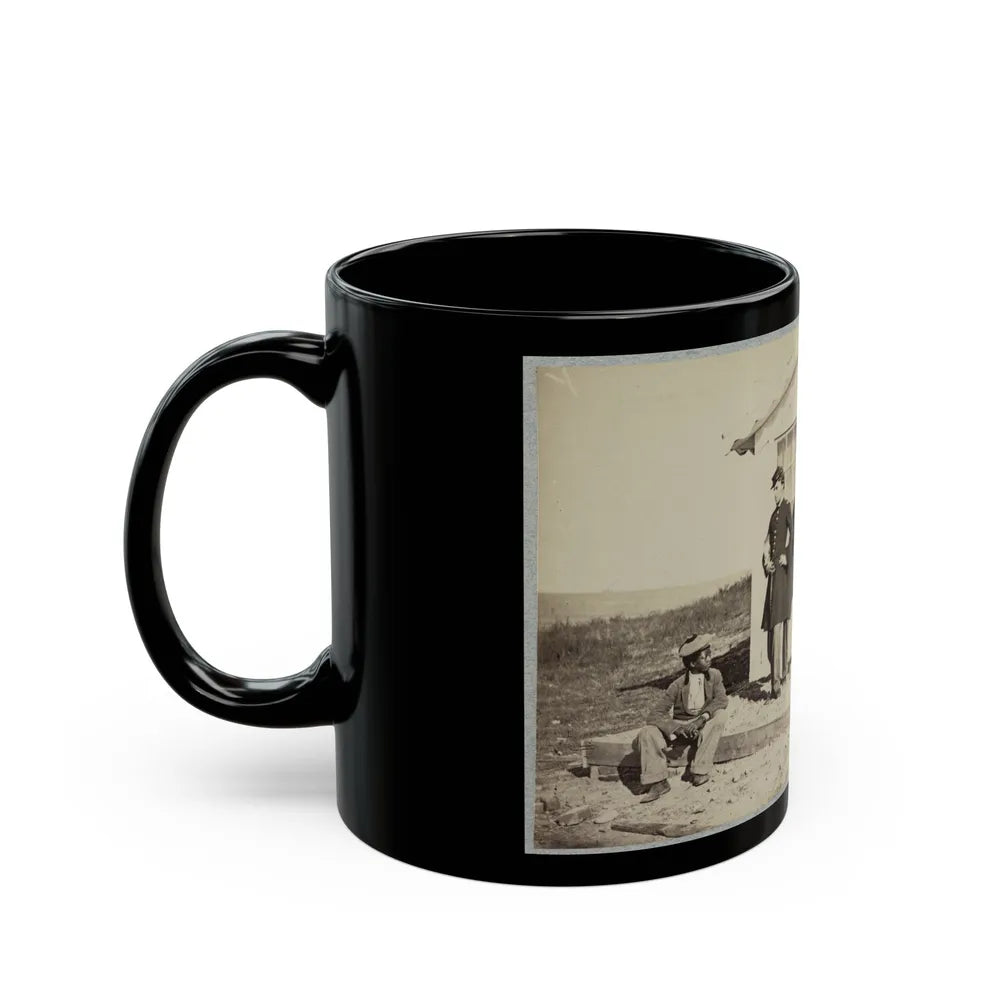 Five Civil War Soldiers Gathered On Dirt Porch Outside Home. African American Youth Seated Near Them (U.S. Civil War) Black Coffee Mug-Go Mug Yourself