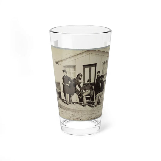 Five Civil War Soldiers Gathered On Dirt Porch Outside Home. African American Youth Seated Near Them (U.S. Civil War) Pint Glass 16oz-16oz-Go Mug Yourself