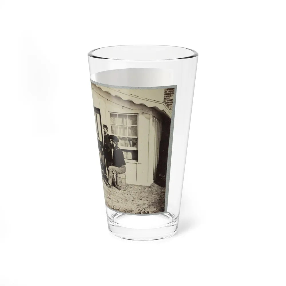 Five Civil War Soldiers Gathered On Dirt Porch Outside Home. African American Youth Seated Near Them (U.S. Civil War) Pint Glass 16oz-Go Mug Yourself