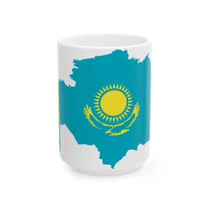 Flag-map of Kazakhstan precise boundaries (Kazakhstan) White Coffee Mug 15oz - Go Mug Yourself