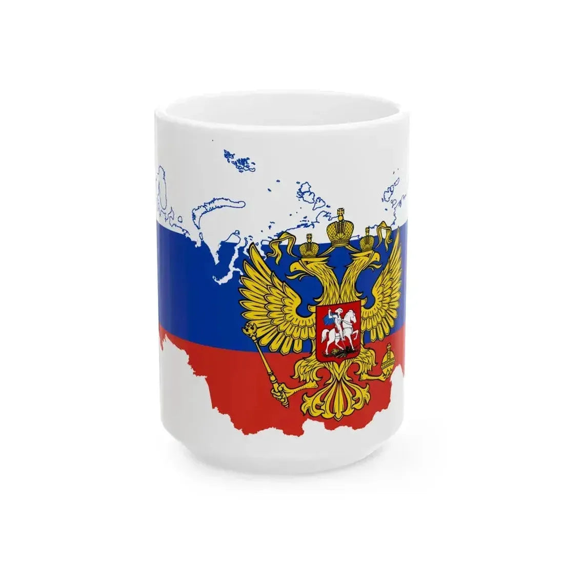 Flag map of Russia with coat of arms 2014-2022 (Russia) White Coffee Mug 15oz - Go Mug Yourself