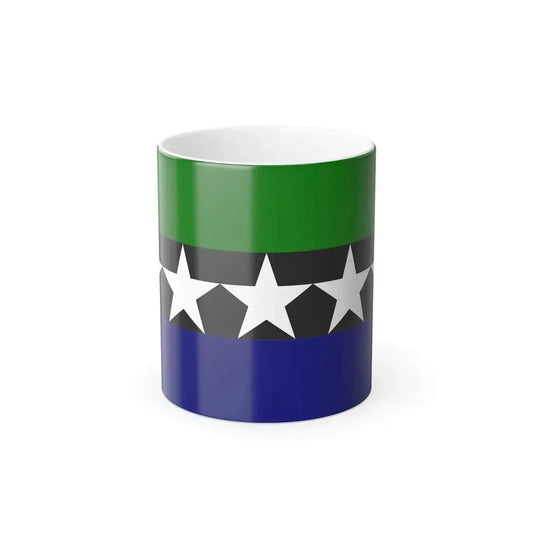 Flag with green, black and blue horizontal stripes and five large white stars in a row across the black band.