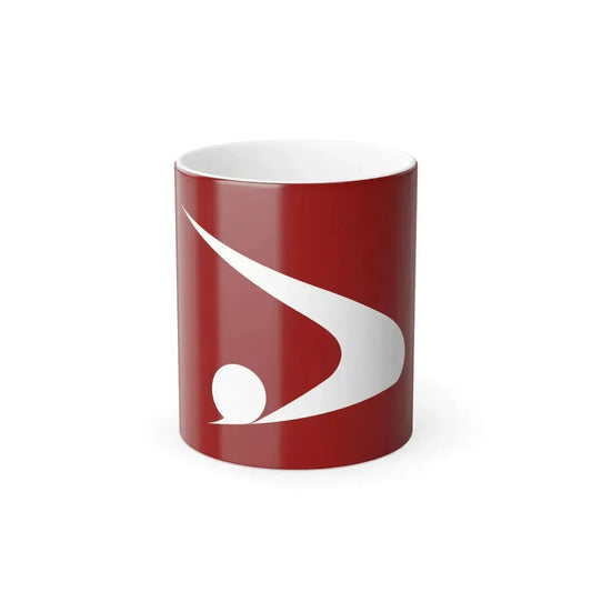 Minimalist white abstract logo with a swooping curved shape and a solid circle on a deep red background.