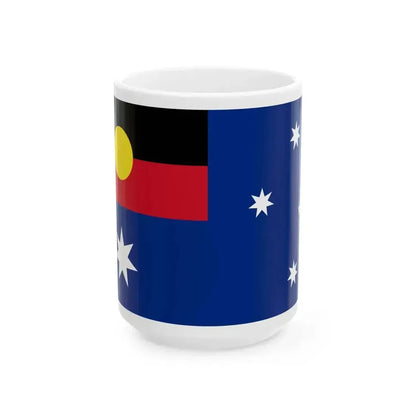 Flag of Australia with Aboriginal flag replacing Union flag (Australia) White Coffee Mug 15oz - Go Mug Yourself