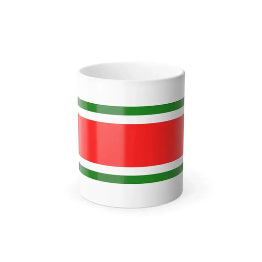 Minimalist flat design of horizontal white and green stripes framing a wide central red band.