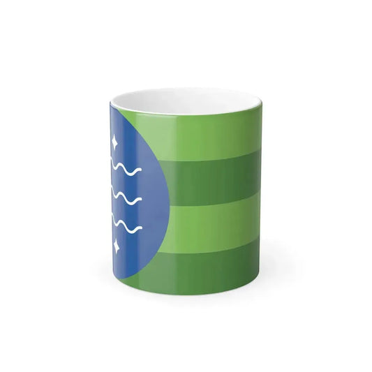 Green striped flag with a large blue half-circle on the left bearing three white wavy lines and two white stars.