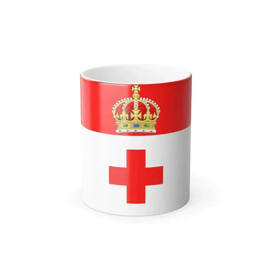 Flag with a red top band, a golden royal crown at the center and a white lower field bearing a bold red cross.