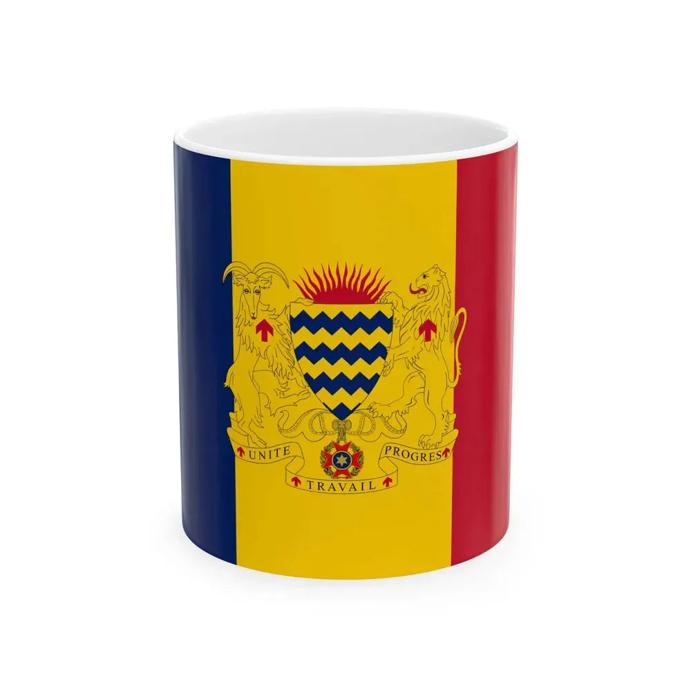 Flag of Chad with coat of arms (Chad) White Coffee Mug 11oz - Go Mug Yourself