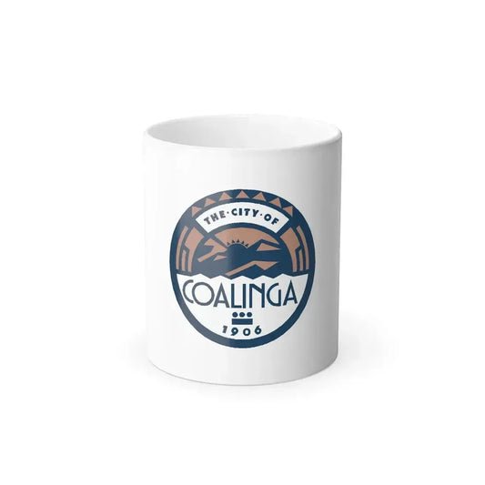 Navy and tan circular city seal showing a sunrise over stylised mountains, with the words The City of Coalinga.