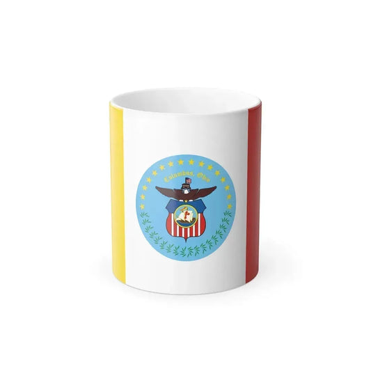 Yellow, white and red vertical flag with a central light blue seal showing an eagle, a ship and a striped shield.