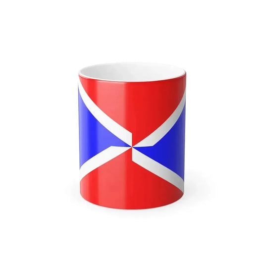 Geometric flag of red and blue triangles divided by white diagonal stripes in a pinwheel arrangement.